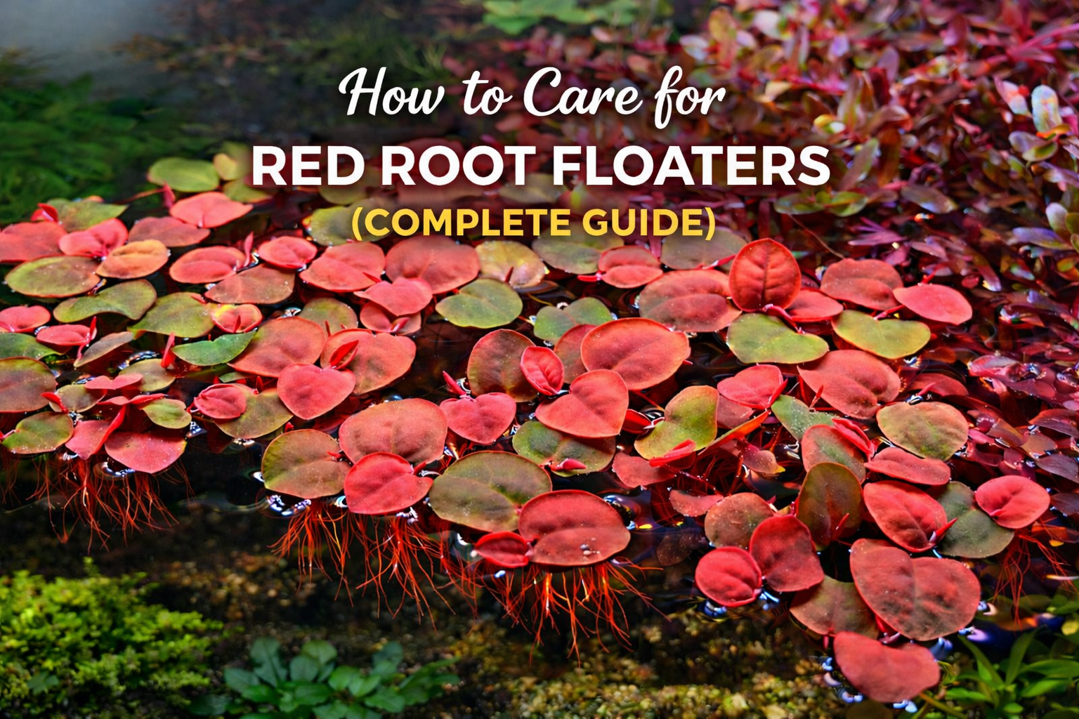Red root floaters floating on aquarium surface with text reading how to care for red root floaters